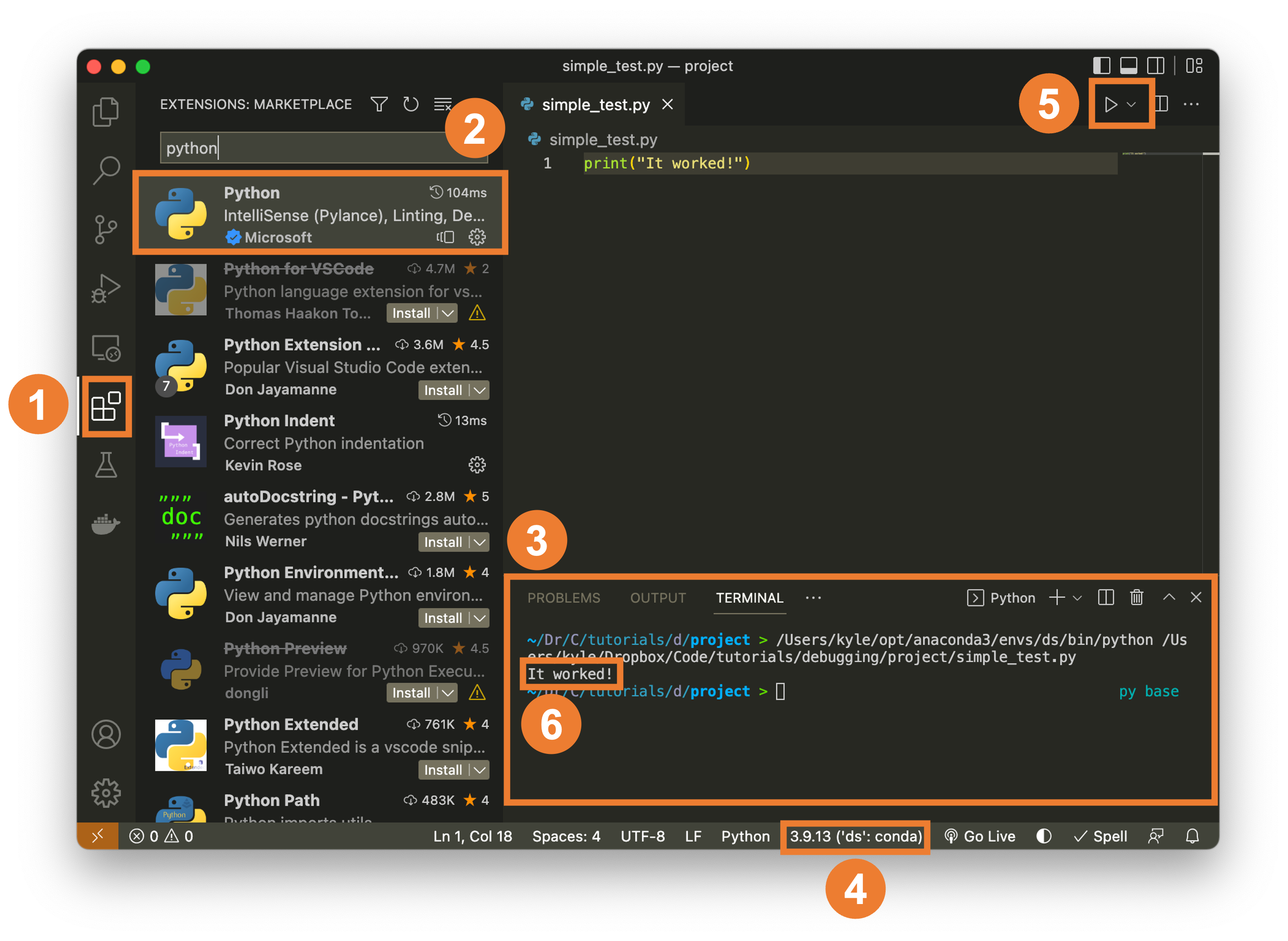 numbered image of vscode buttons