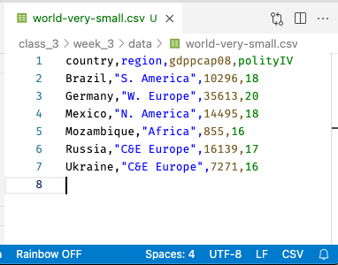 Small CSV in VS Code with Rainbow Coloring